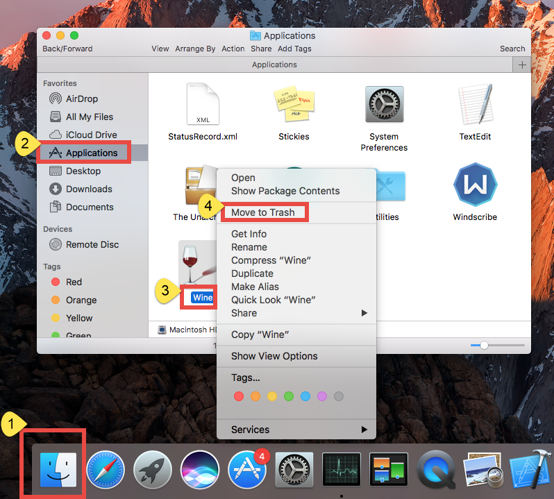 delete wine and winebottler for mac