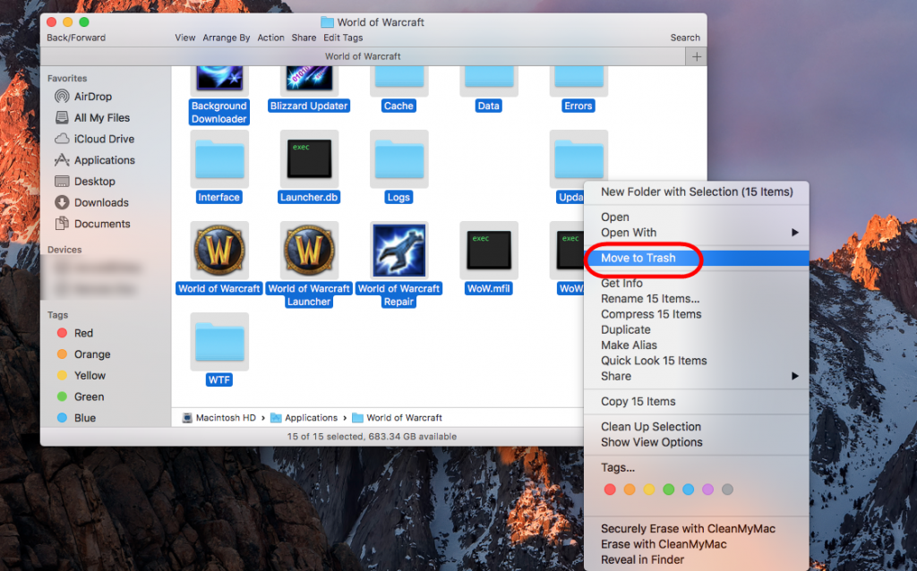 no options button for uninstall blizzard games mac